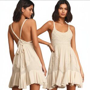 Free People Encrusted Ivory Mesh Embroidered Ruffled Mini Dress Size M